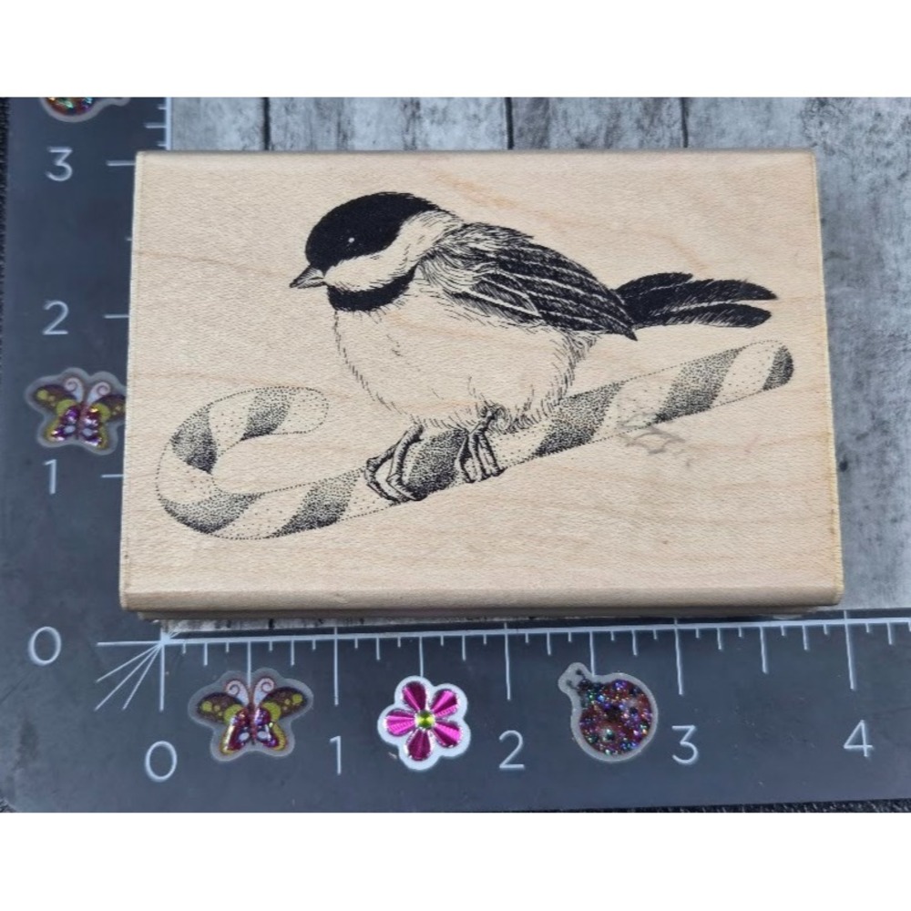 Impression Obsession Candy Cane Chickadee E7022 Christmas Rubber Stamp Wood #K19